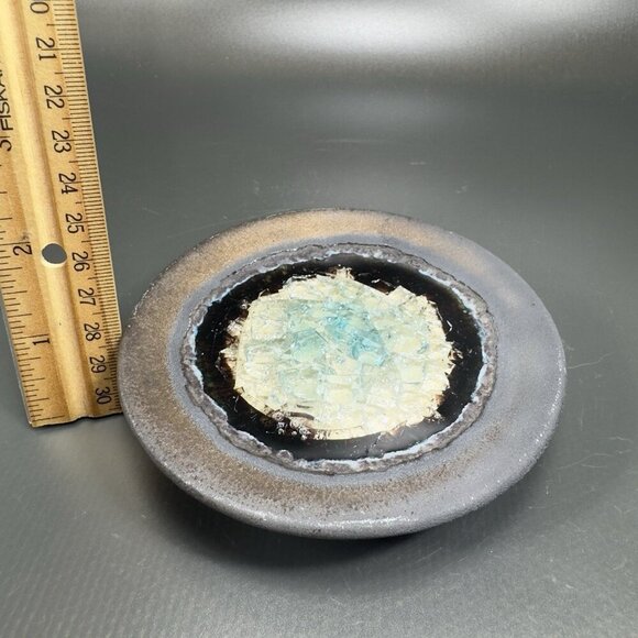 Hand Made Crystalline Pottery Round Wasabi Dipping Dish Plate Signed Crafted VTG - Picture 4 of 13